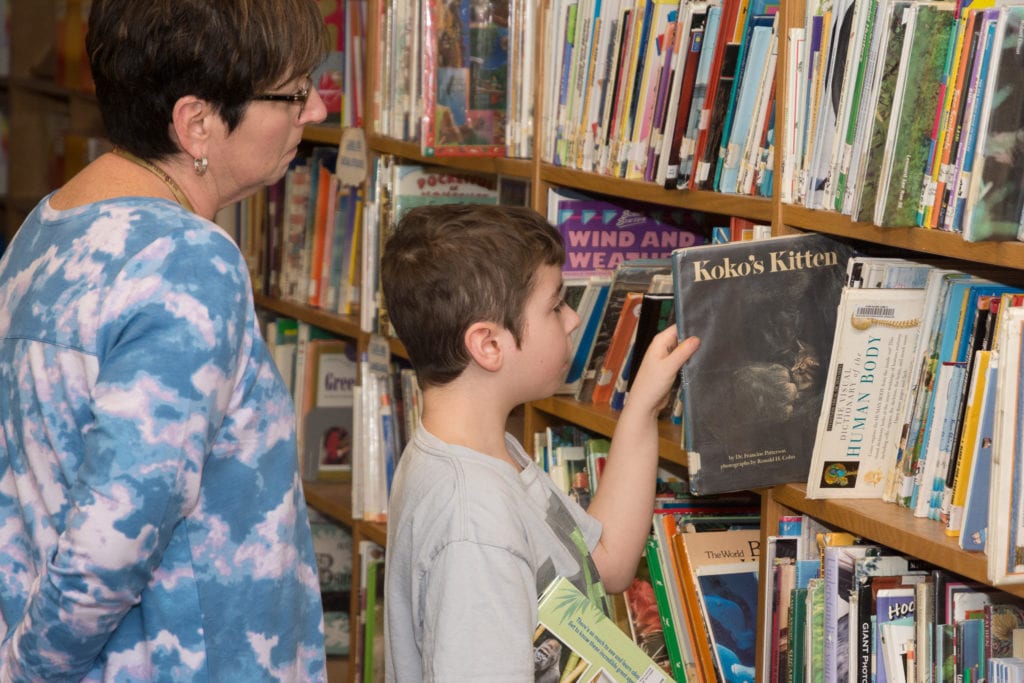Photo of young boy taking a library book off of a shelf.